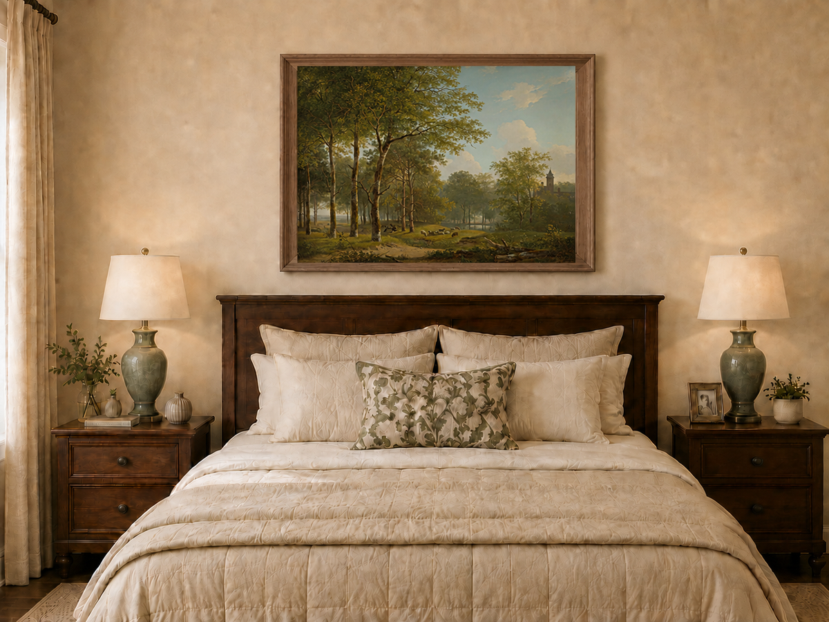 Landscape Oil Painting - Woodland Meadow, Sheep and Castle View