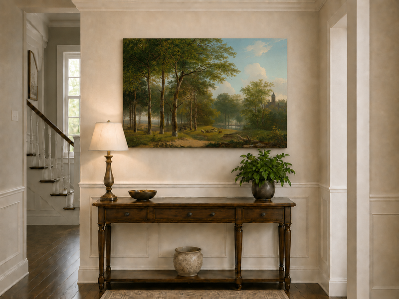 Landscape Oil Painting - Woodland Meadow, Sheep and Castle View