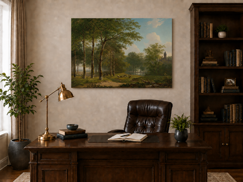 Landscape Oil Painting - Woodland Meadow, Sheep and Castle View