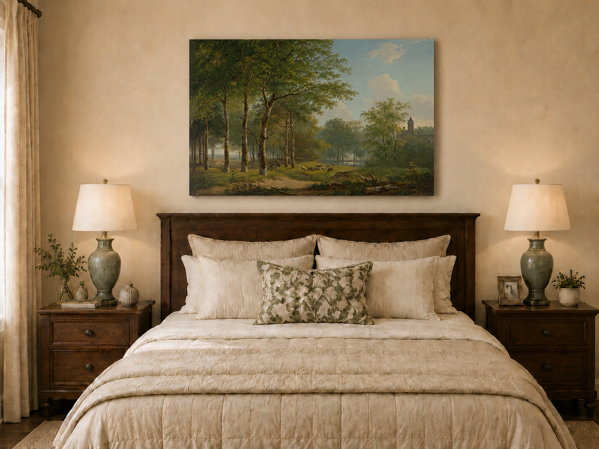 Landscape Oil Painting - Woodland Meadow, Sheep and Castle View