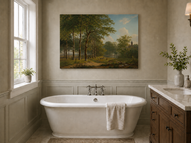 Landscape Oil Painting - Woodland Meadow, Sheep and Castle View