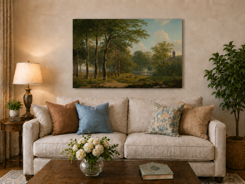Landscape Oil Painting - Woodland Meadow, Sheep and Castle View