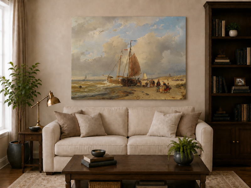 Peinture à l'huile de paysage - Scène de rivière hivernale avec personnages et chevaux
