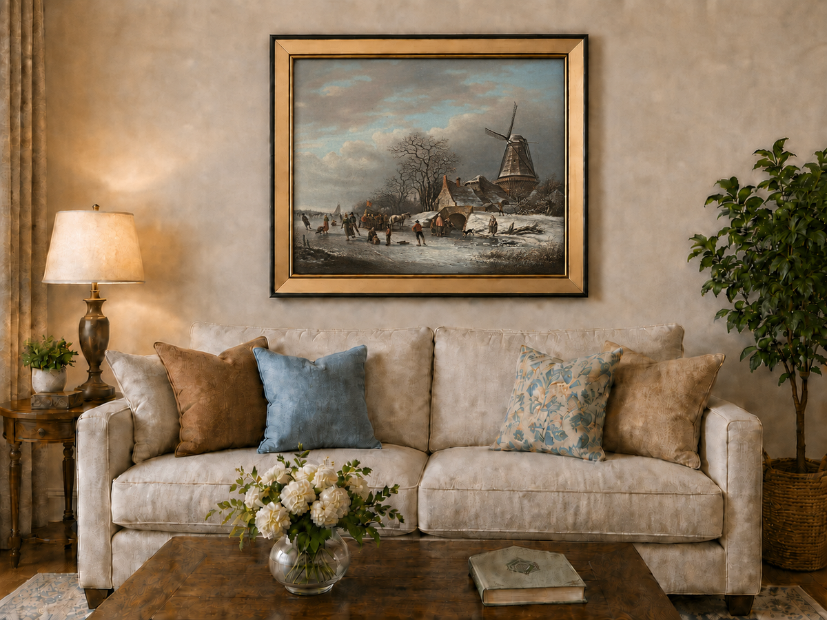 Landscape Oil Painting - Winter Windmill and Skaters Scene
