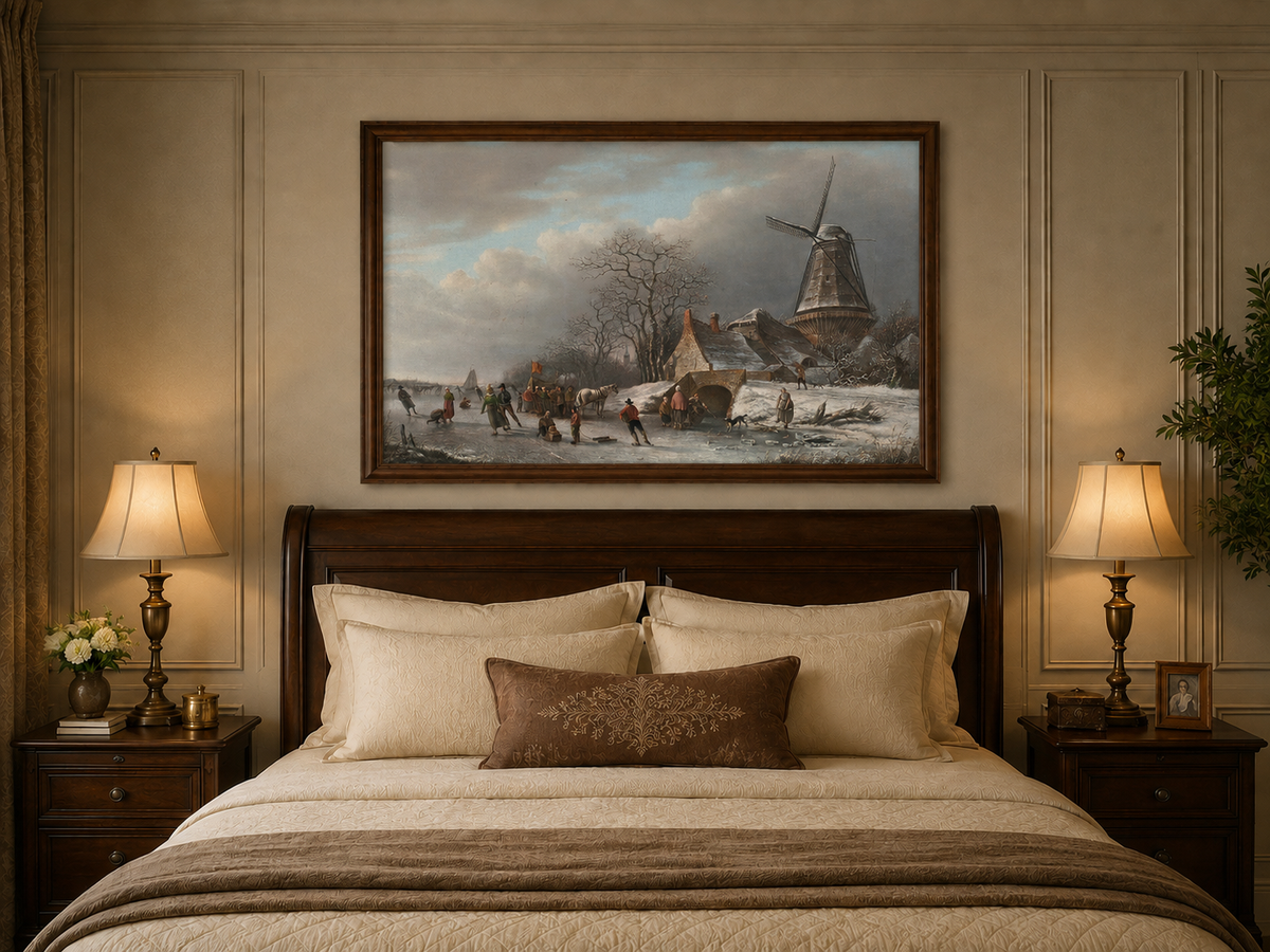 Landscape Oil Painting - Winter Windmill and Skaters Scene