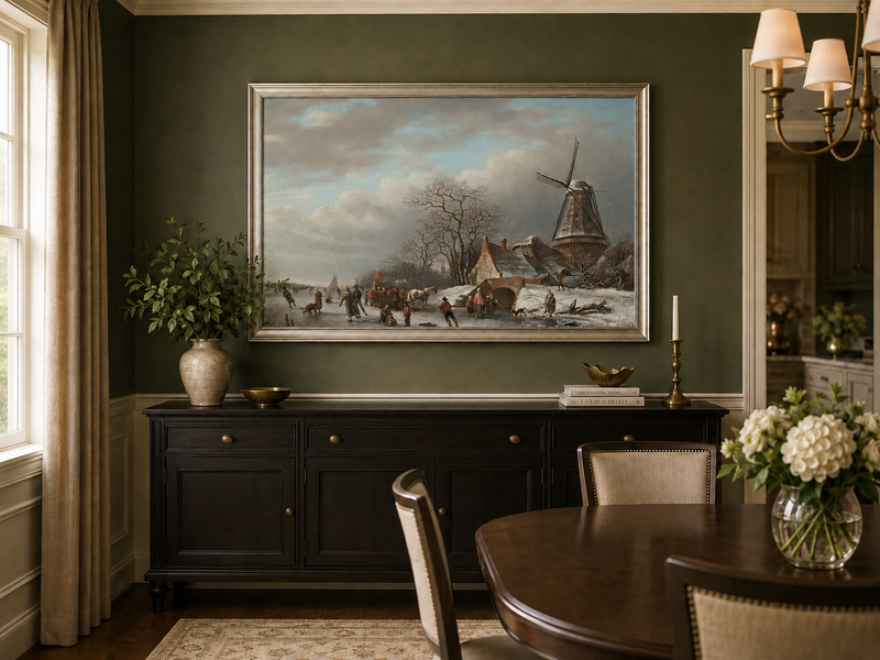 Landscape Oil Painting - Winter Windmill and Skaters Scene