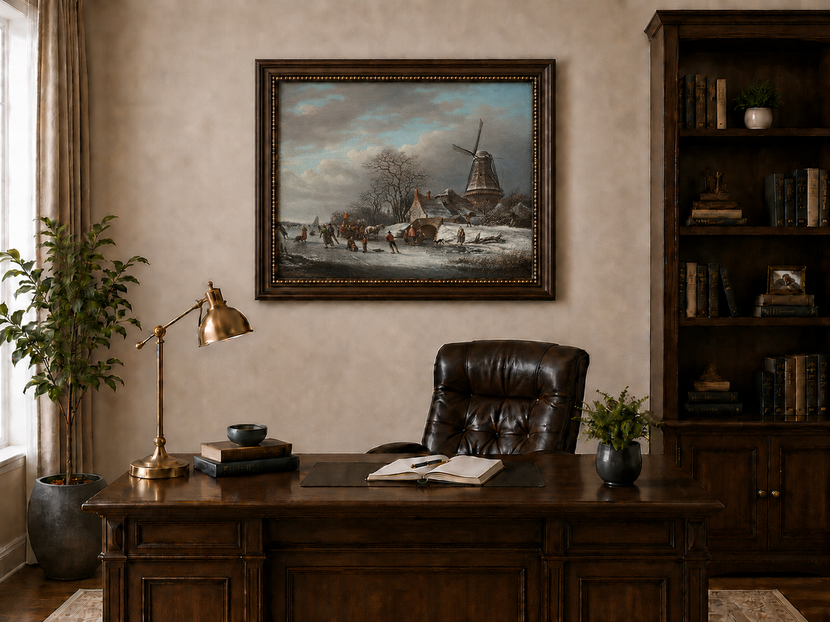 Landscape Oil Painting - Winter Windmill and Skaters Scene