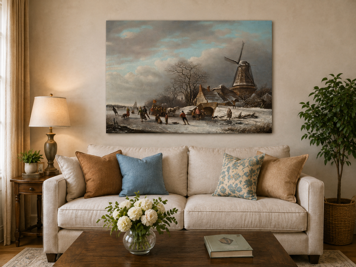 Landscape Oil Painting - Winter Windmill and Skaters Scene