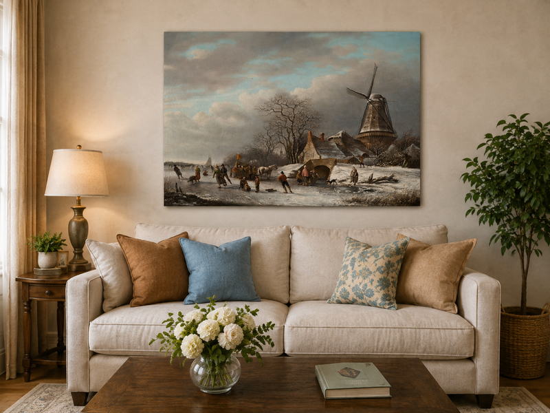 Landscape Oil Painting - Winter Windmill and Skaters Scene