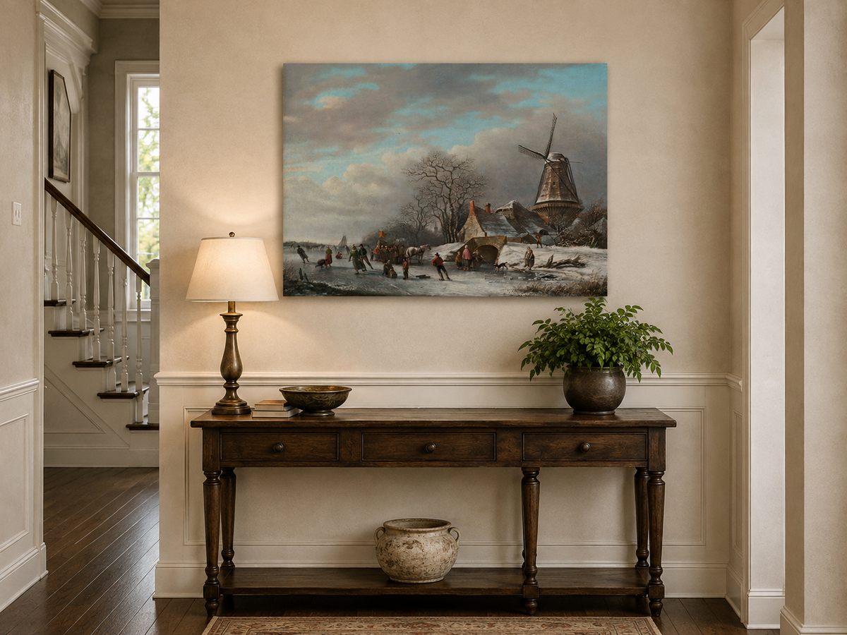 Landscape Oil Painting - Winter Windmill and Skaters Scene