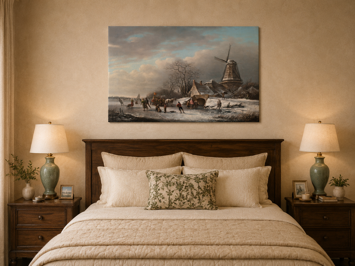 Landscape Oil Painting - Winter Windmill and Skaters Scene