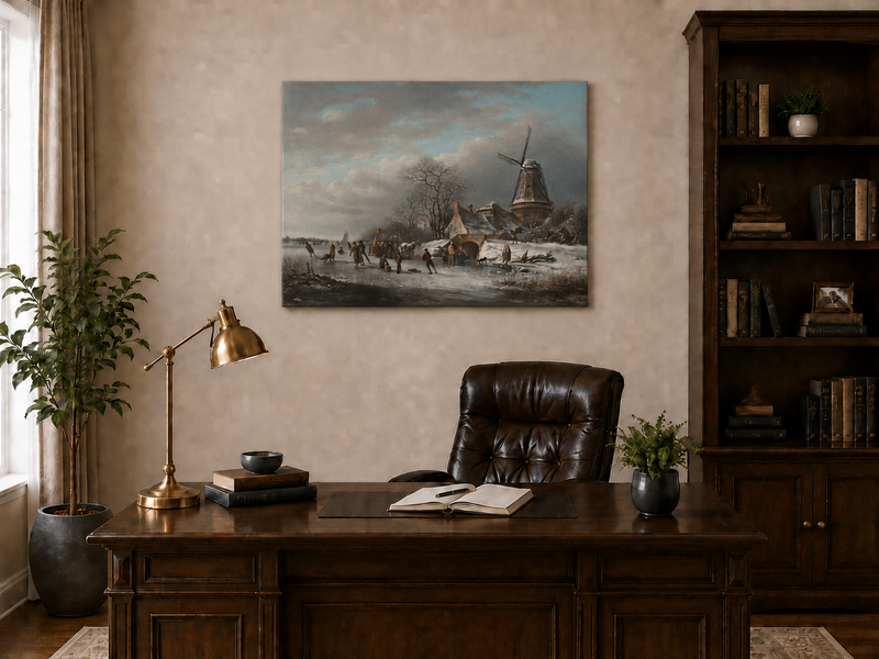 Landscape Oil Painting - Winter Windmill and Skaters Scene