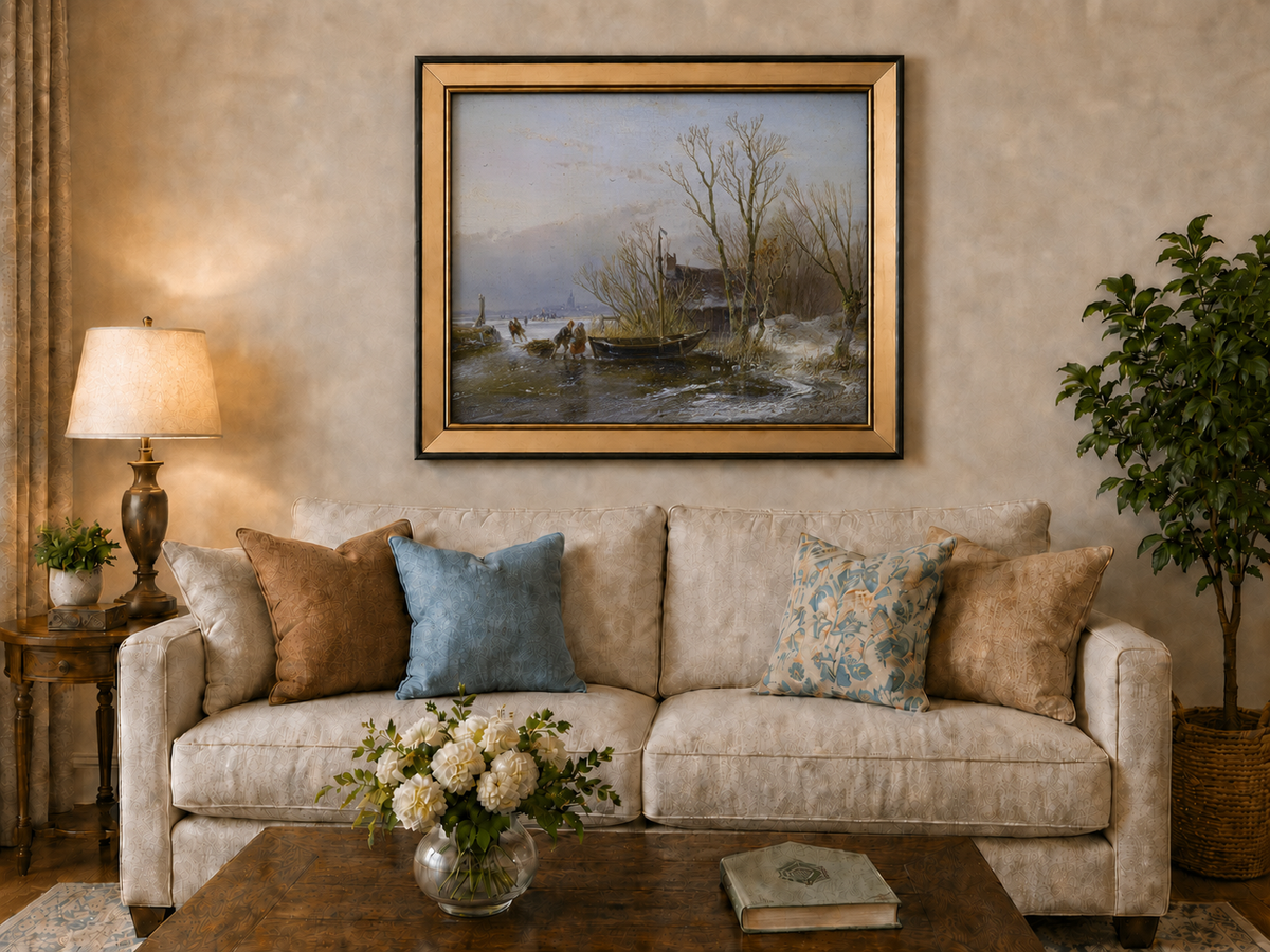 Landscape Oil Painting - Frozen Canal, Boat and Winter Trees