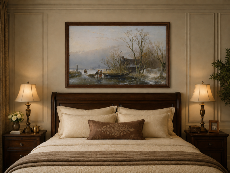 Landscape Oil Painting - Frozen Canal, Boat and Winter Trees