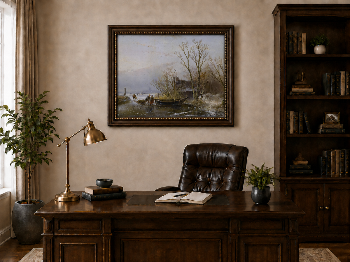 Landscape Oil Painting - Frozen Canal, Boat and Winter Trees