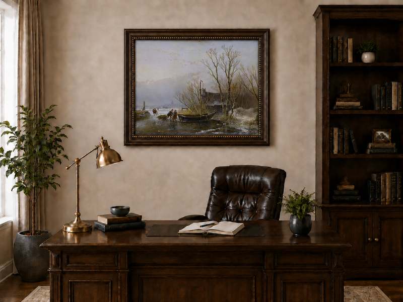 Landscape Oil Painting - Frozen Canal, Boat and Winter Trees