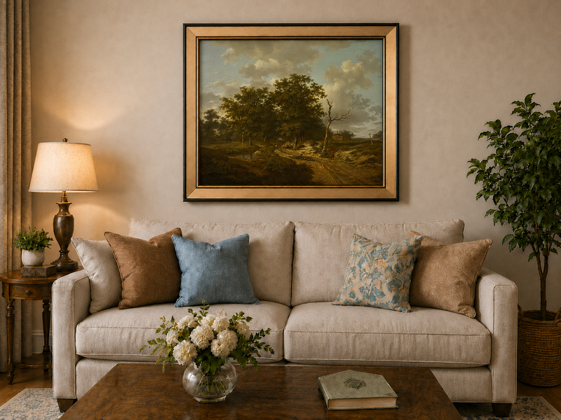 Landscape Oil Painting - Forest Path, Cottage and Cloudy Sky