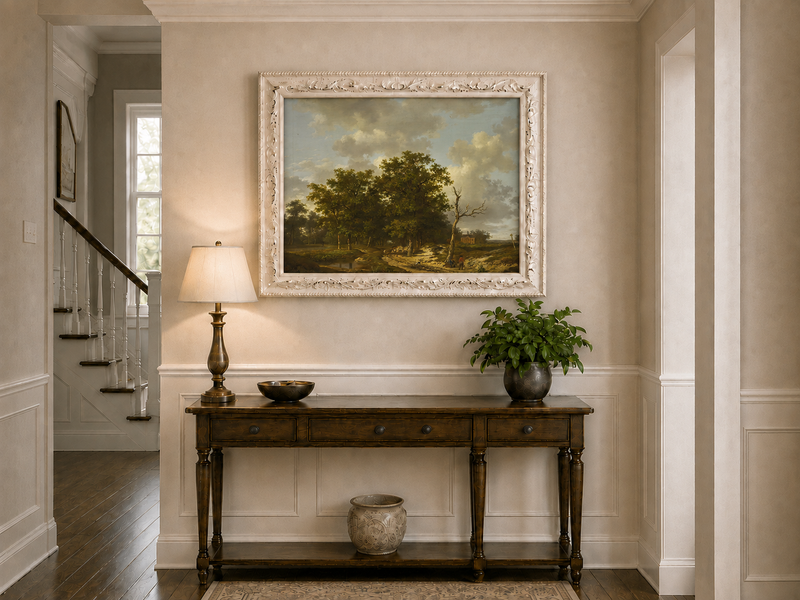 Landscape Oil Painting - Forest Path, Cottage and Cloudy Sky