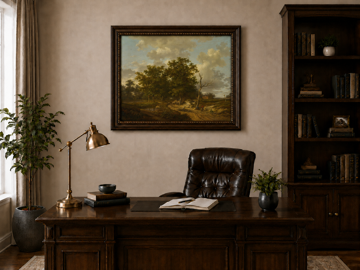 Landscape Oil Painting - Forest Path, Cottage and Cloudy Sky