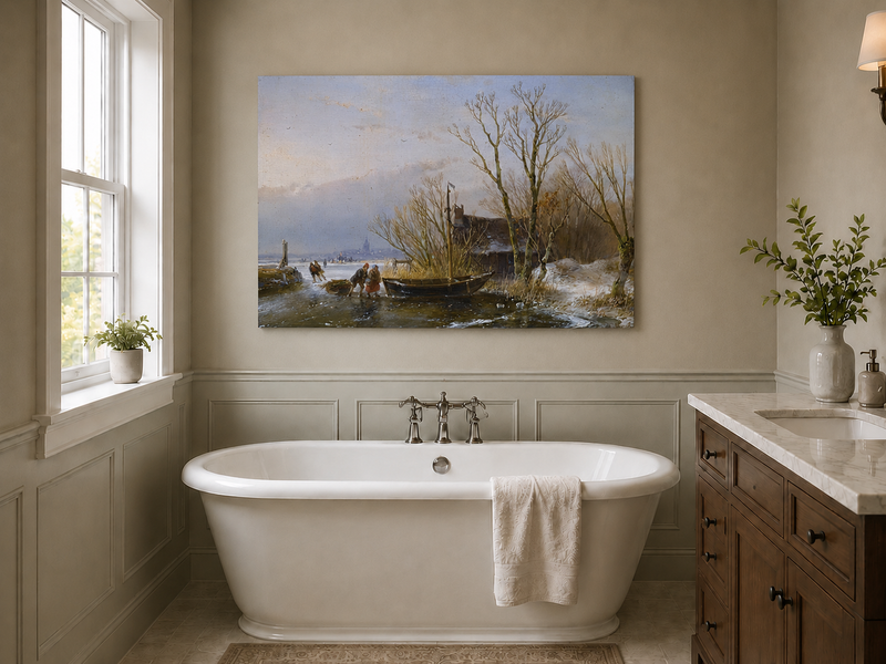 Landscape Oil Painting - Frozen Canal, Boat and Winter Trees