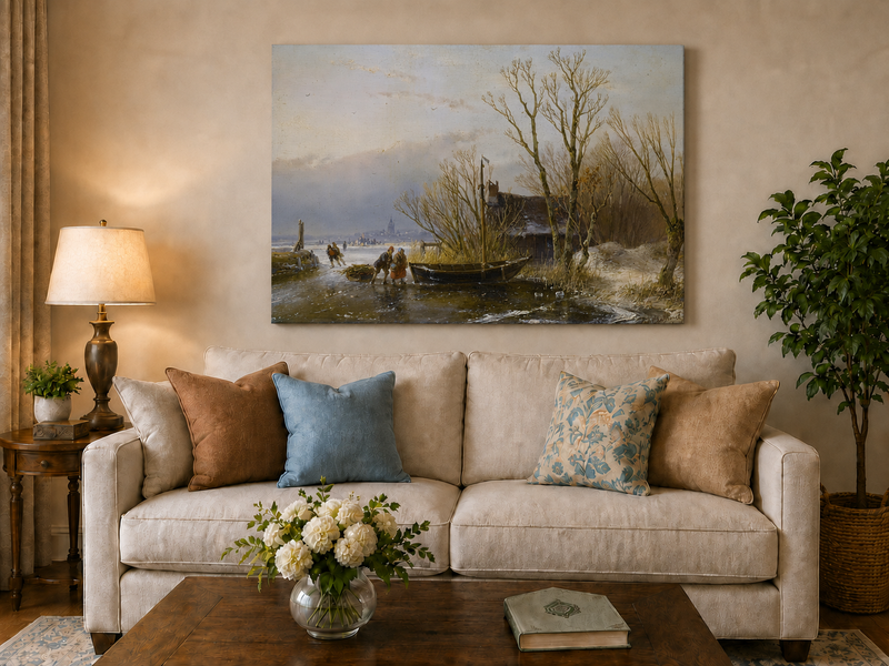 Landscape Oil Painting - Frozen Canal, Boat and Winter Trees