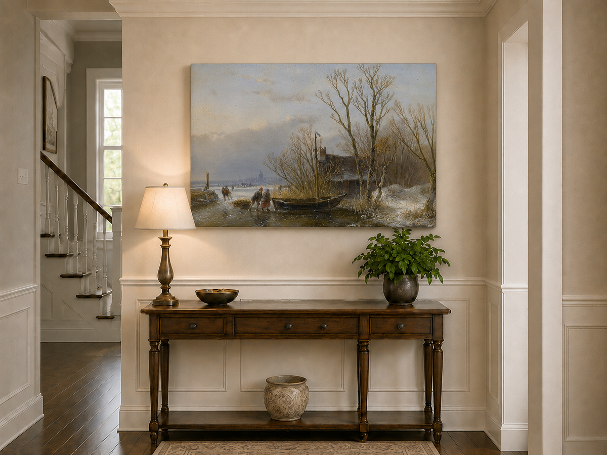 Landscape Oil Painting - Frozen Canal, Boat and Winter Trees
