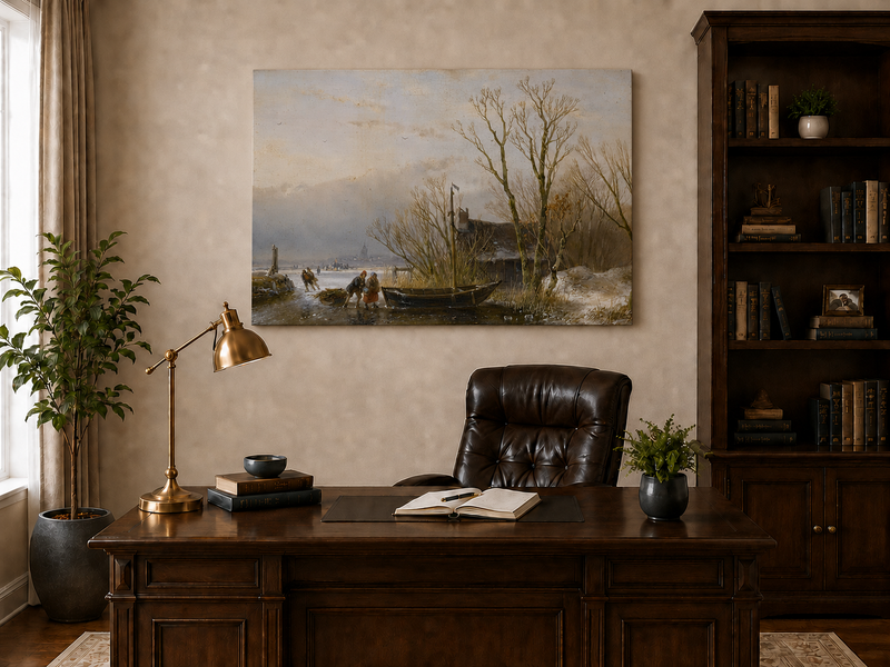Landscape Oil Painting - Frozen Canal, Boat and Winter Trees