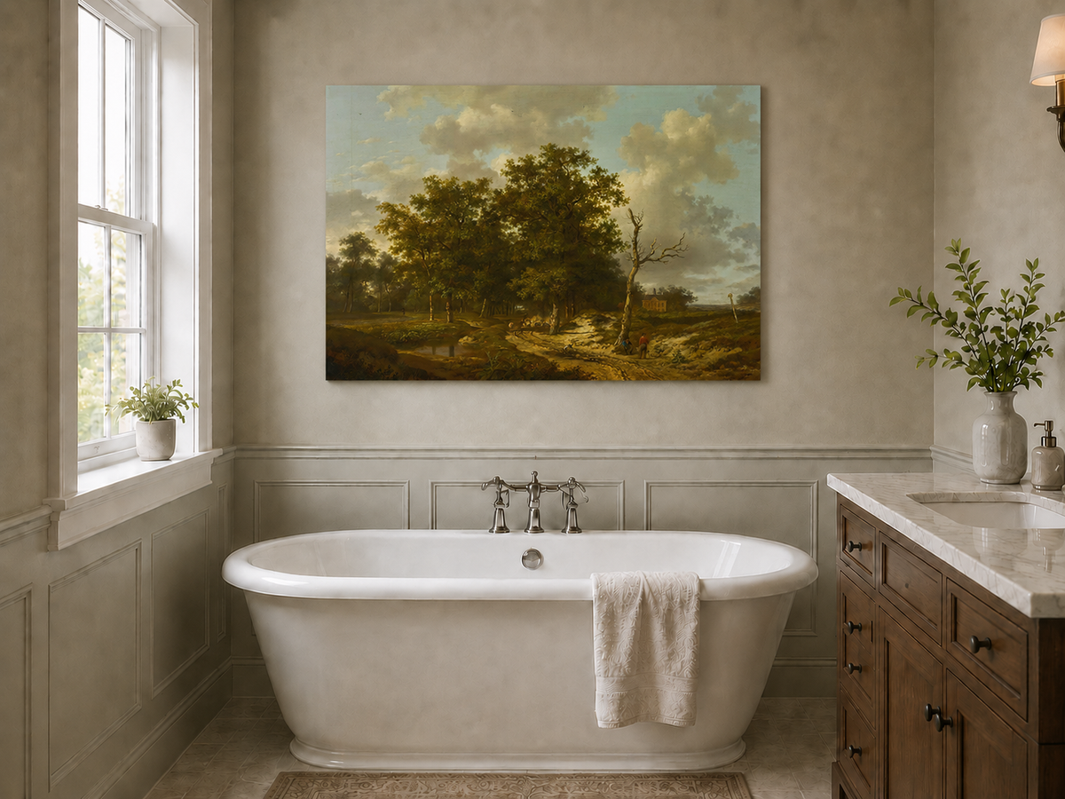 Landscape Oil Painting - Forest Path, Cottage and Cloudy Sky