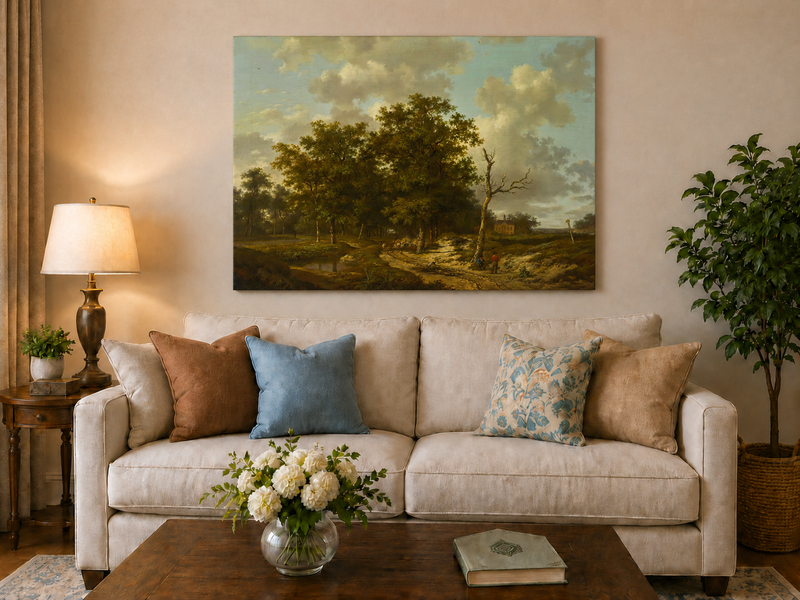 Landscape Oil Painting - Forest Path, Cottage and Cloudy Sky