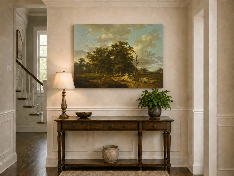Landscape Oil Painting - Forest Path, Cottage and Cloudy Sky