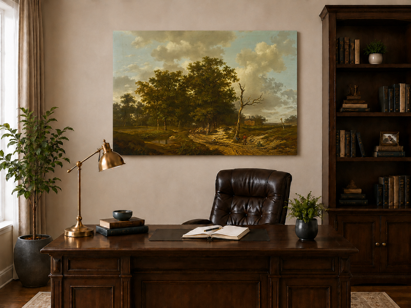 Landscape Oil Painting - Forest Path, Cottage and Cloudy Sky