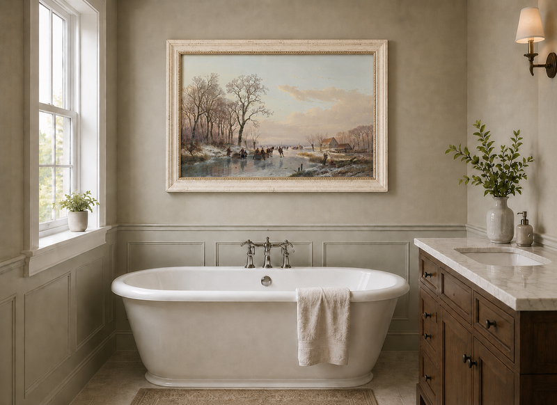 Landscape Oil Painting - Winter Canal Skaters & Village Cottages