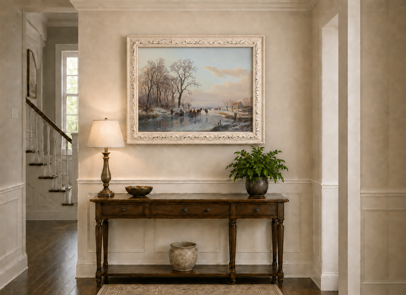 Landscape Oil Painting - Winter Canal Skaters & Village Cottages