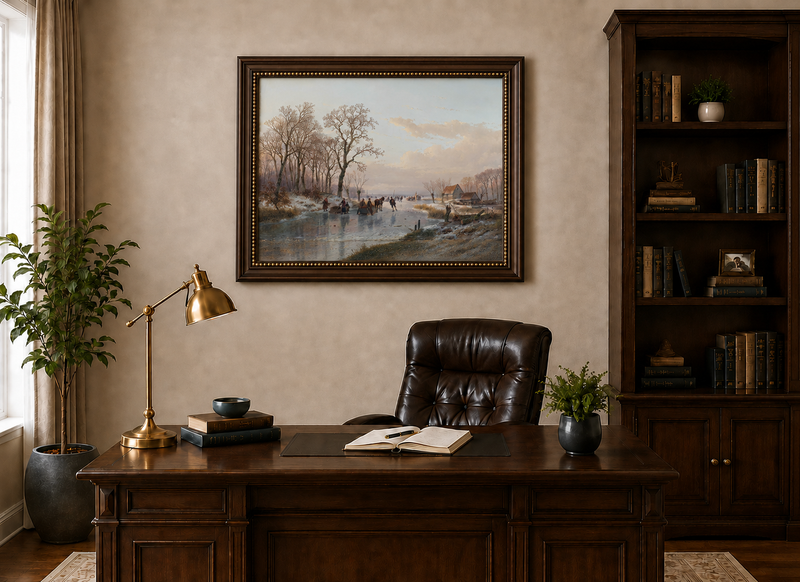 Landscape Oil Painting - Winter Canal Skaters & Village Cottages