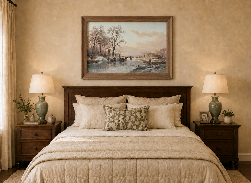 Landscape Oil Painting - Winter Canal Skaters & Village Cottages