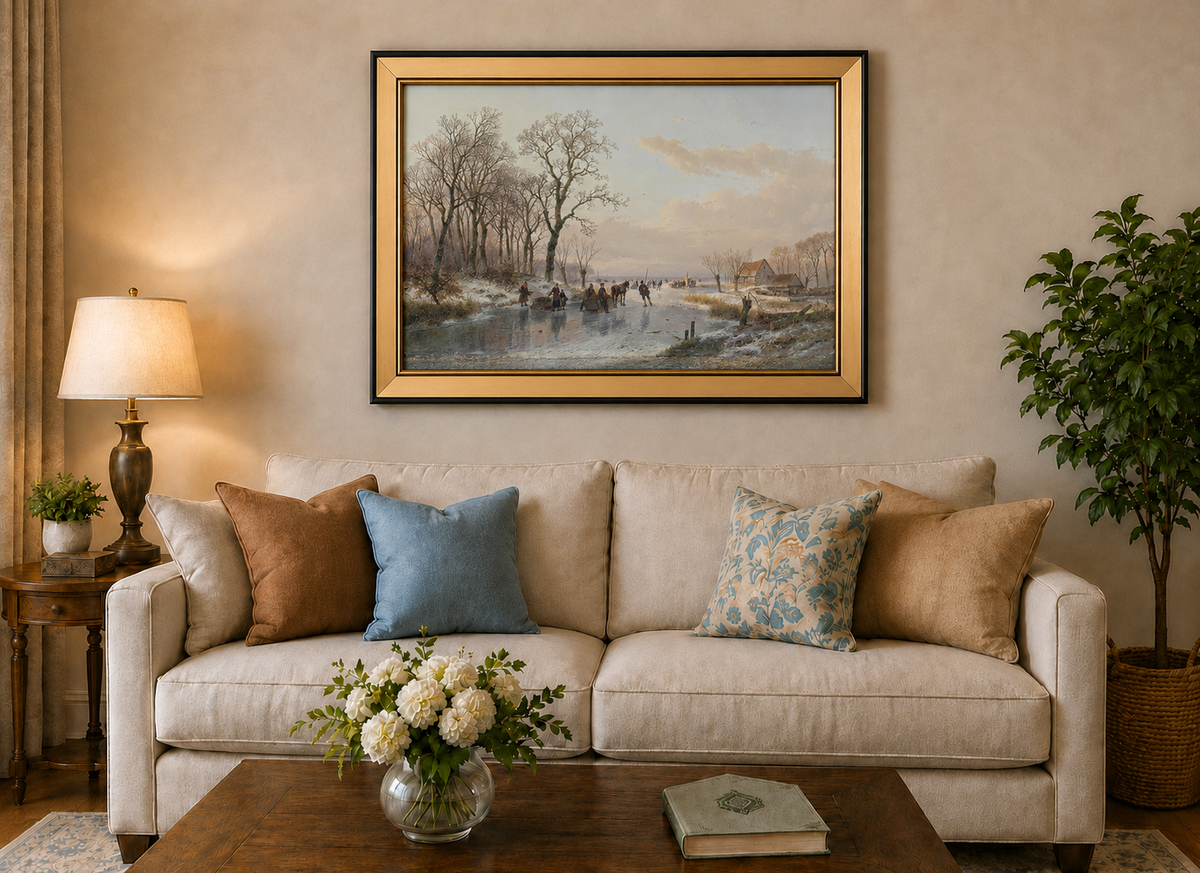 Landscape Oil Painting - Winter Canal Skaters & Village Cottages