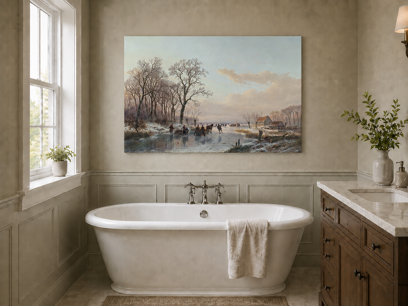 Landscape Oil Painting - Winter Canal Skaters & Village Cottages