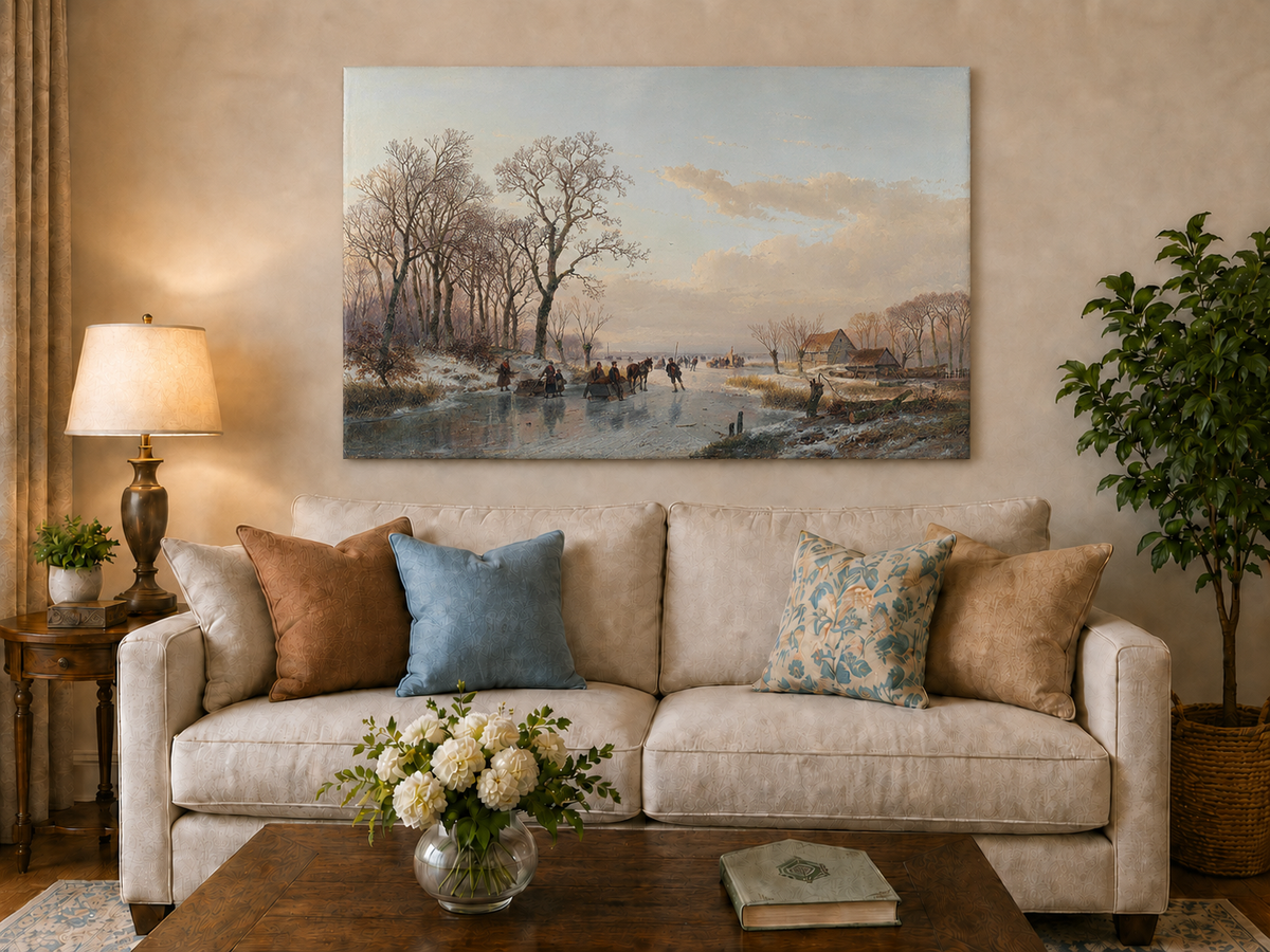 Landscape Oil Painting - Winter Canal Skaters & Village Cottages