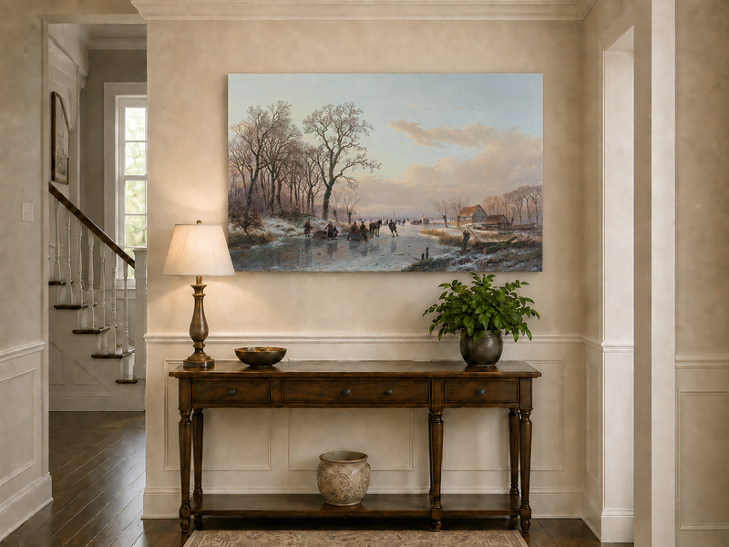 Landscape Oil Painting - Winter Canal Skaters & Village Cottages