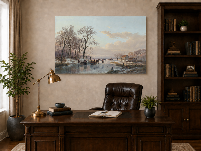 Landscape Oil Painting - Winter Canal Skaters & Village Cottages