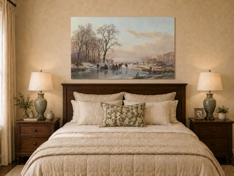 Landscape Oil Painting - Winter Canal Skaters & Village Cottages
