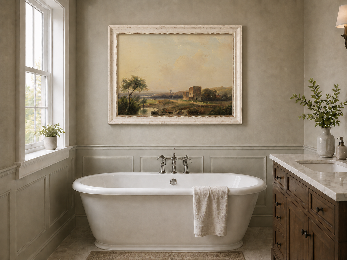 Landscape Oil Painting - River Valley Castle Ruins | Hand-Painted