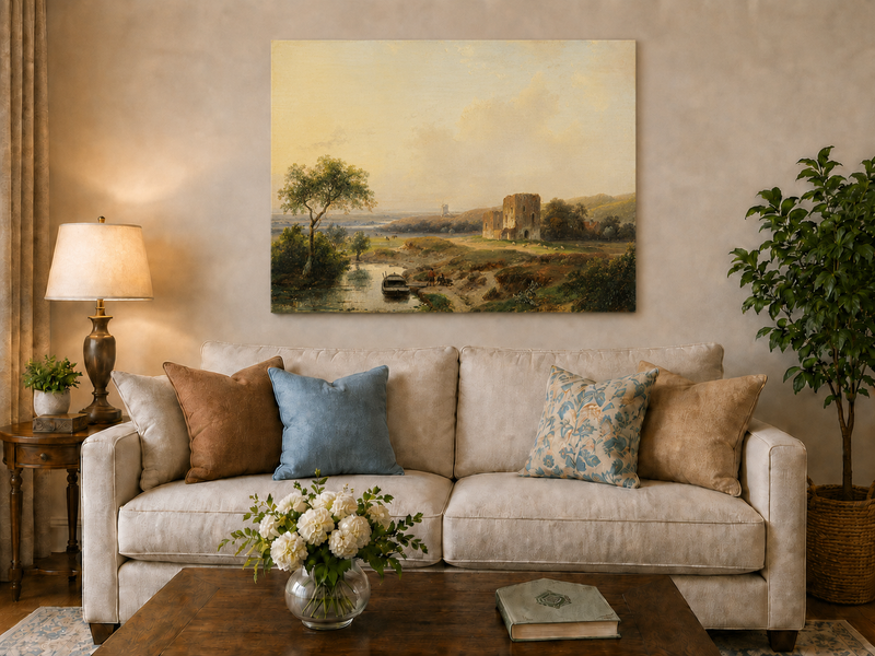 Landscape Oil Painting - River Valley Castle Ruins | Hand-Painted