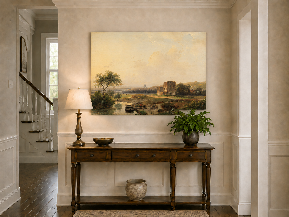 Landscape Oil Painting - River Valley Castle Ruins | Hand-Painted