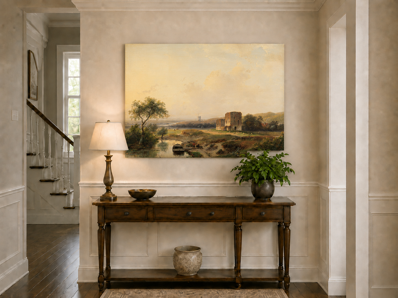 Landscape Oil Painting - River Valley Castle Ruins | Hand-Painted