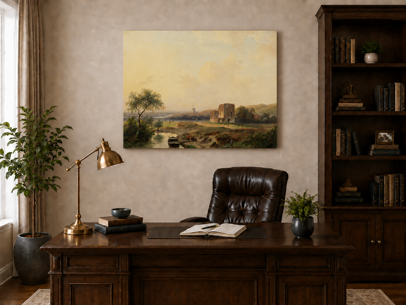 Landscape Oil Painting - River Valley Castle Ruins | Hand-Painted