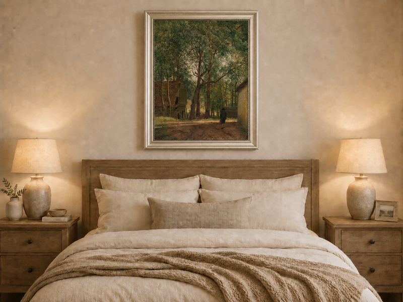 Peinture à l'huile de paysage - Rivière printanière avec pêcheur et arbres