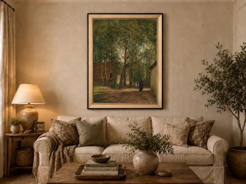 Peinture à l'huile de paysage - Rivière printanière avec pêcheur et arbres