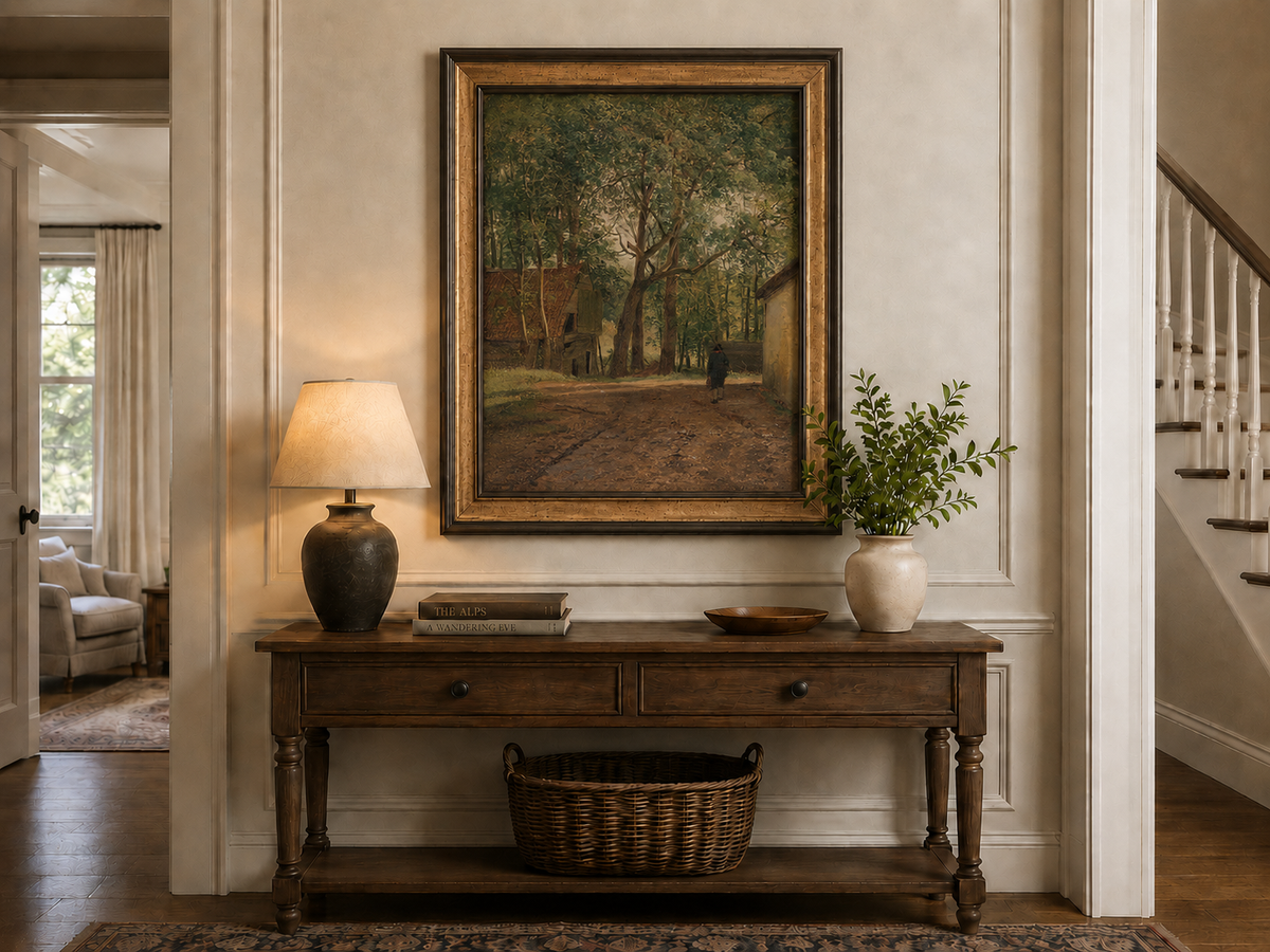 Peinture à l'huile de paysage - Rivière printanière avec pêcheur et arbres