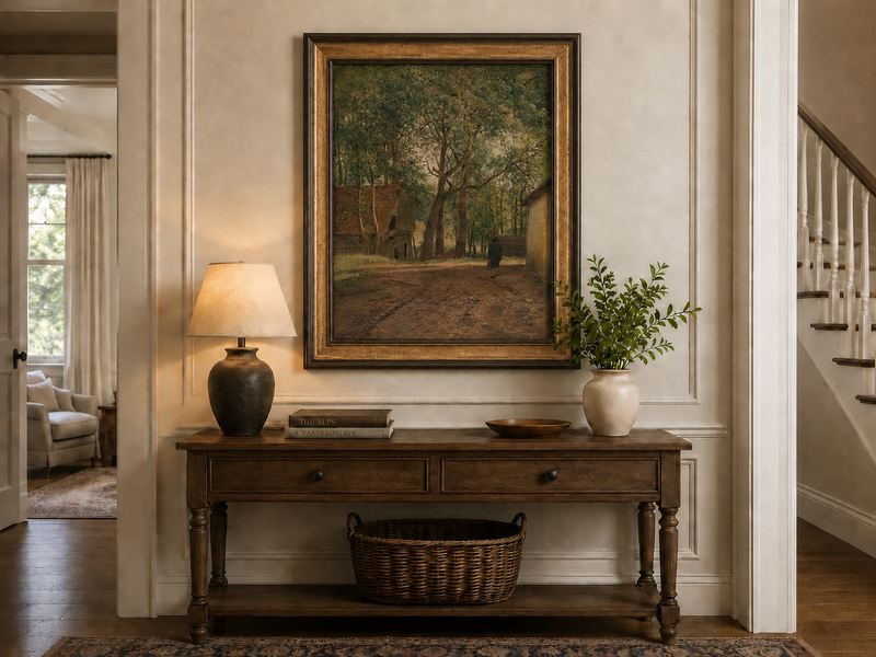 Peinture à l'huile de paysage - Rivière printanière avec pêcheur et arbres